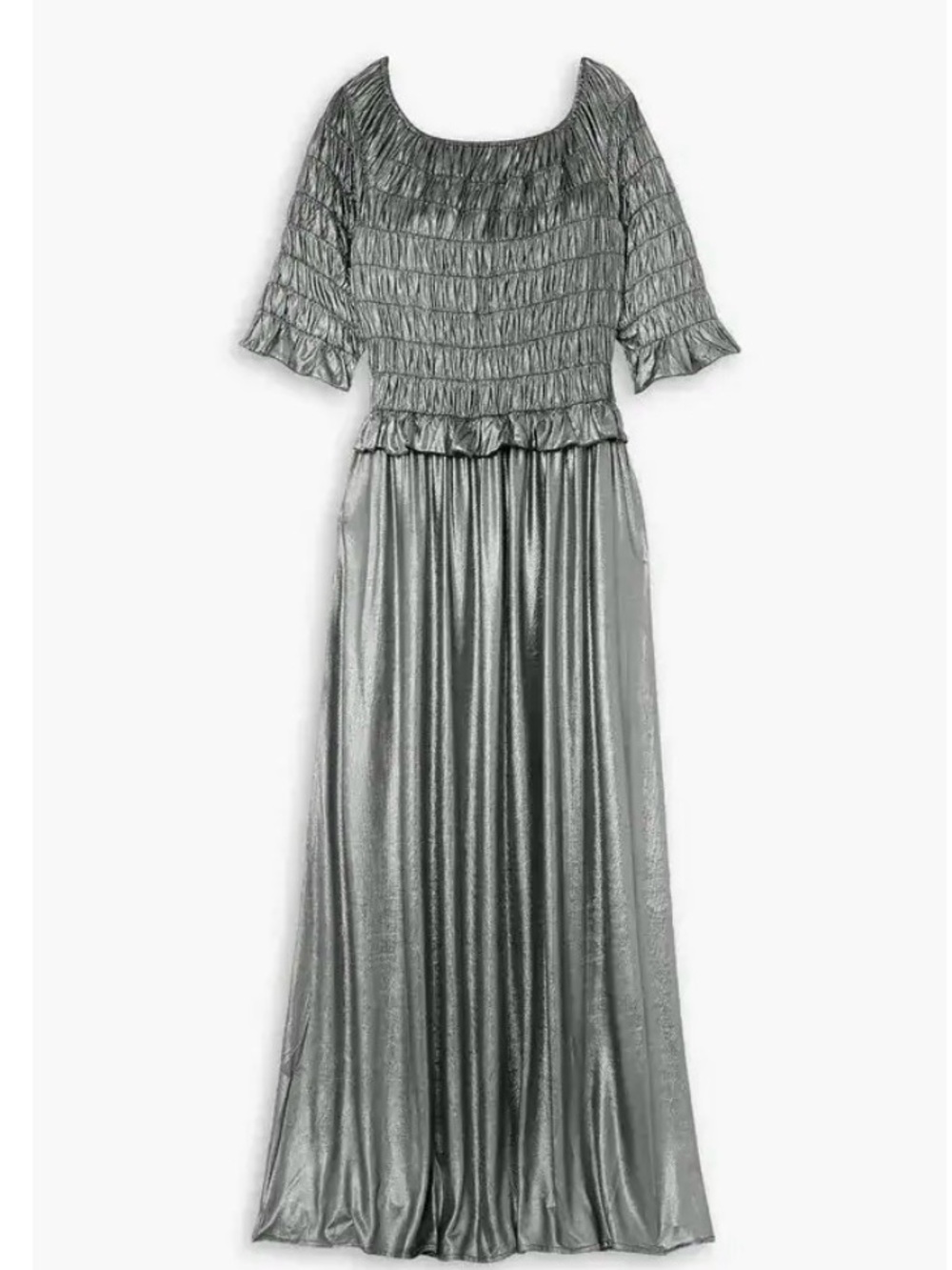 Batsheva Metallic Silver Smocked Maxi Dress